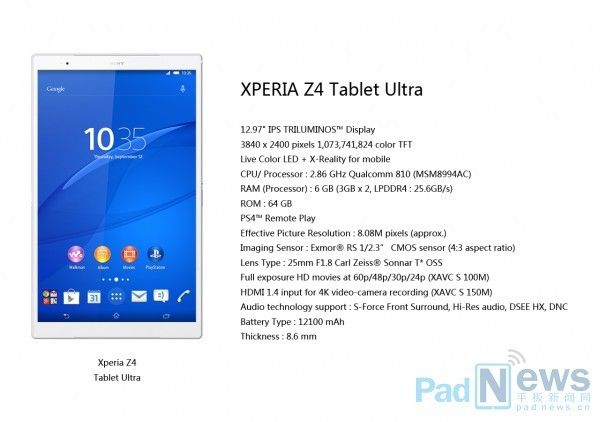 Lộ Cấu Hình Không Tưởng Của Xperia Z4 Tablet Ultra 1